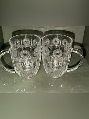 Pressed Glass Mugs with Sunburst Cut Pattern - Clear